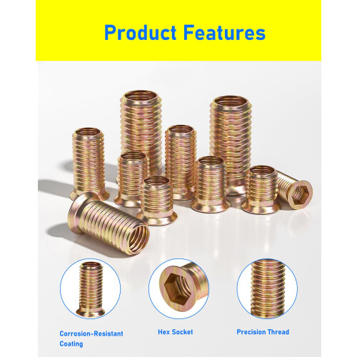 HOLMOL 170PCS Threaded Inserts for Wood, 9 Sizes Threaded Insert Nuts, M4 M5 M6 M8 Flanged Hex Socket Nuts 2