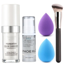 5PCS Color Change Foundation Set for Mature Skin, Full Coverage Makeup Set with Face Primer Brush Makeup Sponge