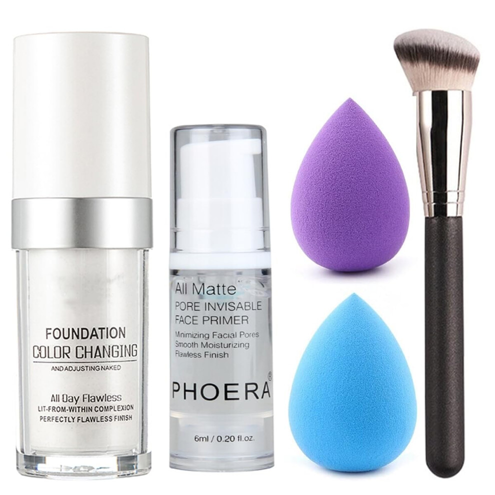 Hqda 5Pcs Color Change Foundation Set For Mature Skin, Full Coverage Makeup Set With Face Primer Brush Makeup Sponge