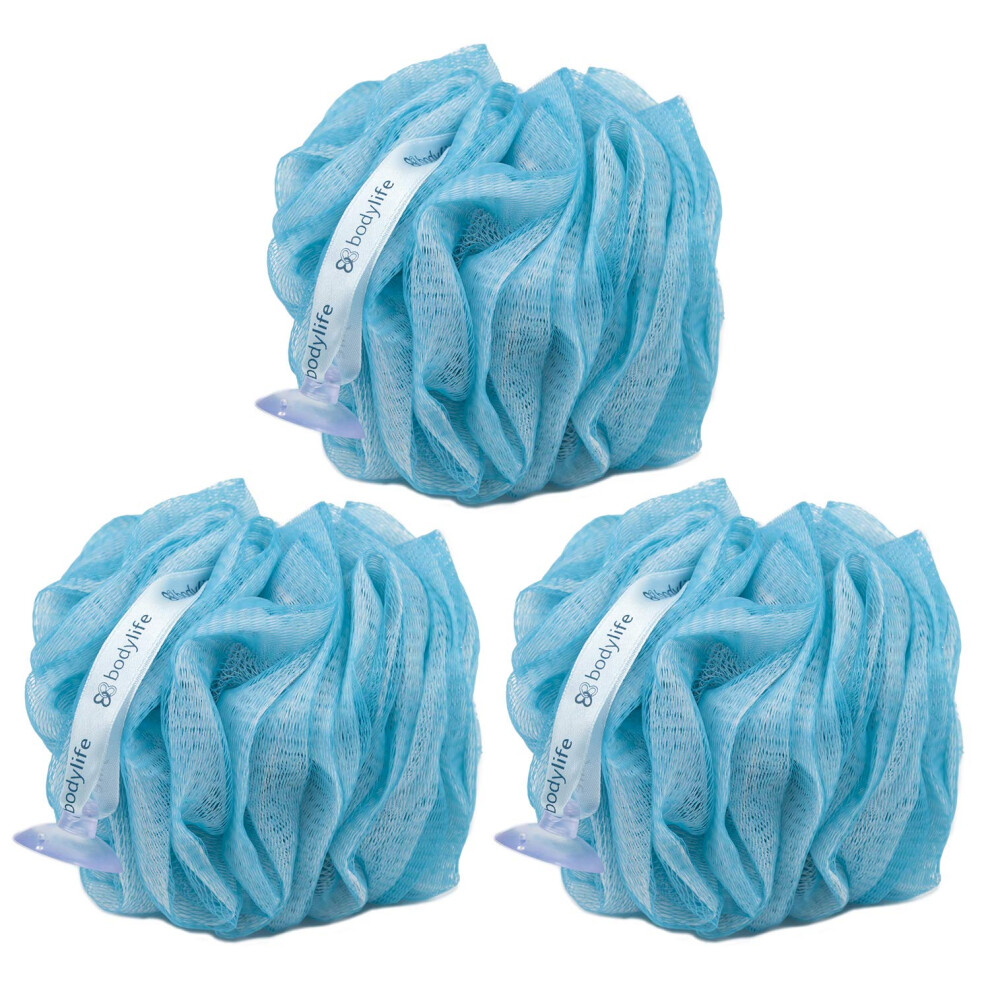 Bodylife Body Buffer, Puff, Exfoliating Bath & Shower Body Pouf, Scrunchie, Body Scrubber Blue & White 55G Triple Pack
