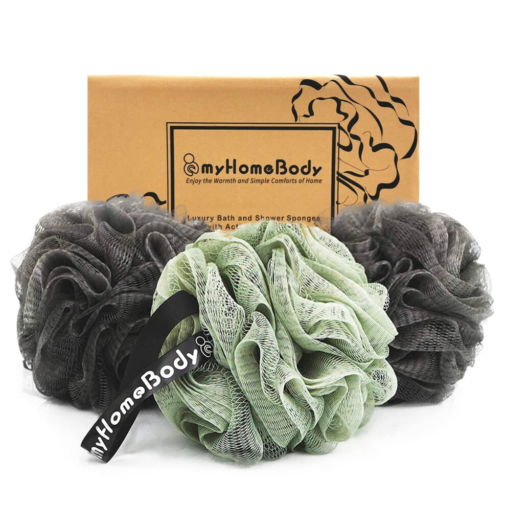 Myhomebody Large 70G Loofah Sponge, Bath Body Scrubber For Women, Men, Exfoliating Shower Pouf With Activated Charcoal