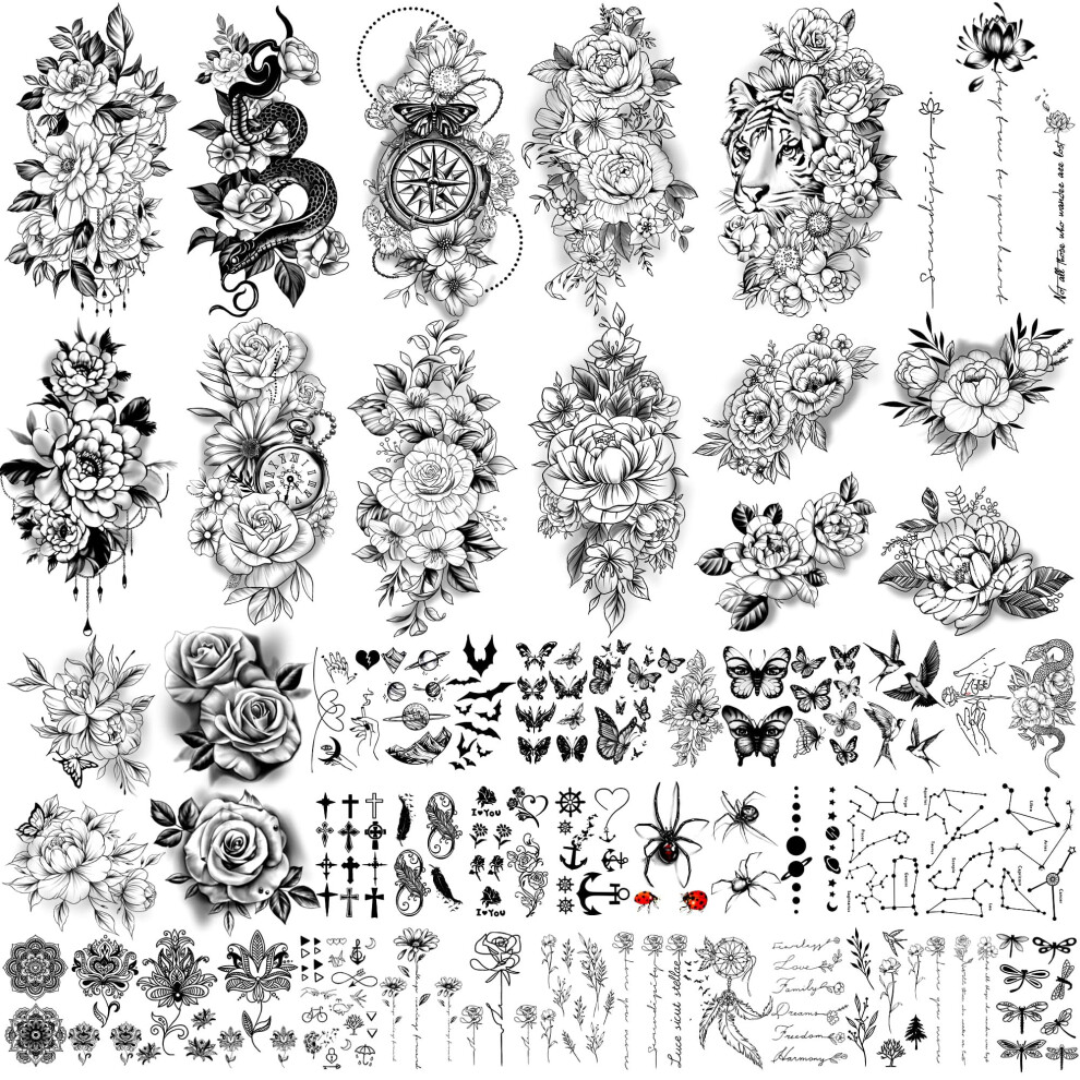 Yazhiji 49 Sheets Large Sexy Flowers Collection Waterproof Temporary Tattoo Lasting Fake Tattoos For Women And Girls.