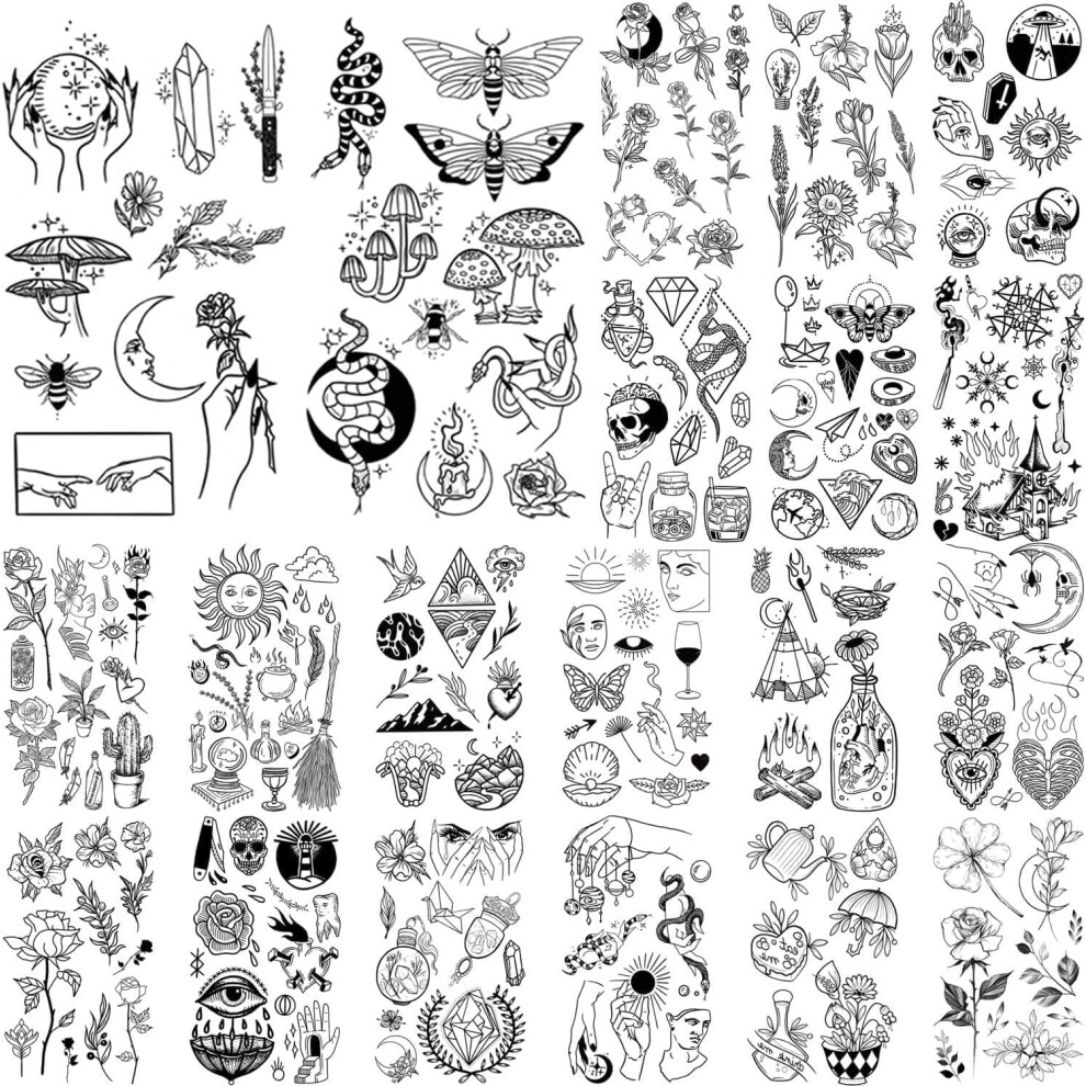 Glaryyears Black 150+ Pattern Tiny Temporary Tattoo, Hands Face Halloween Tattoo Sticker For Men Women