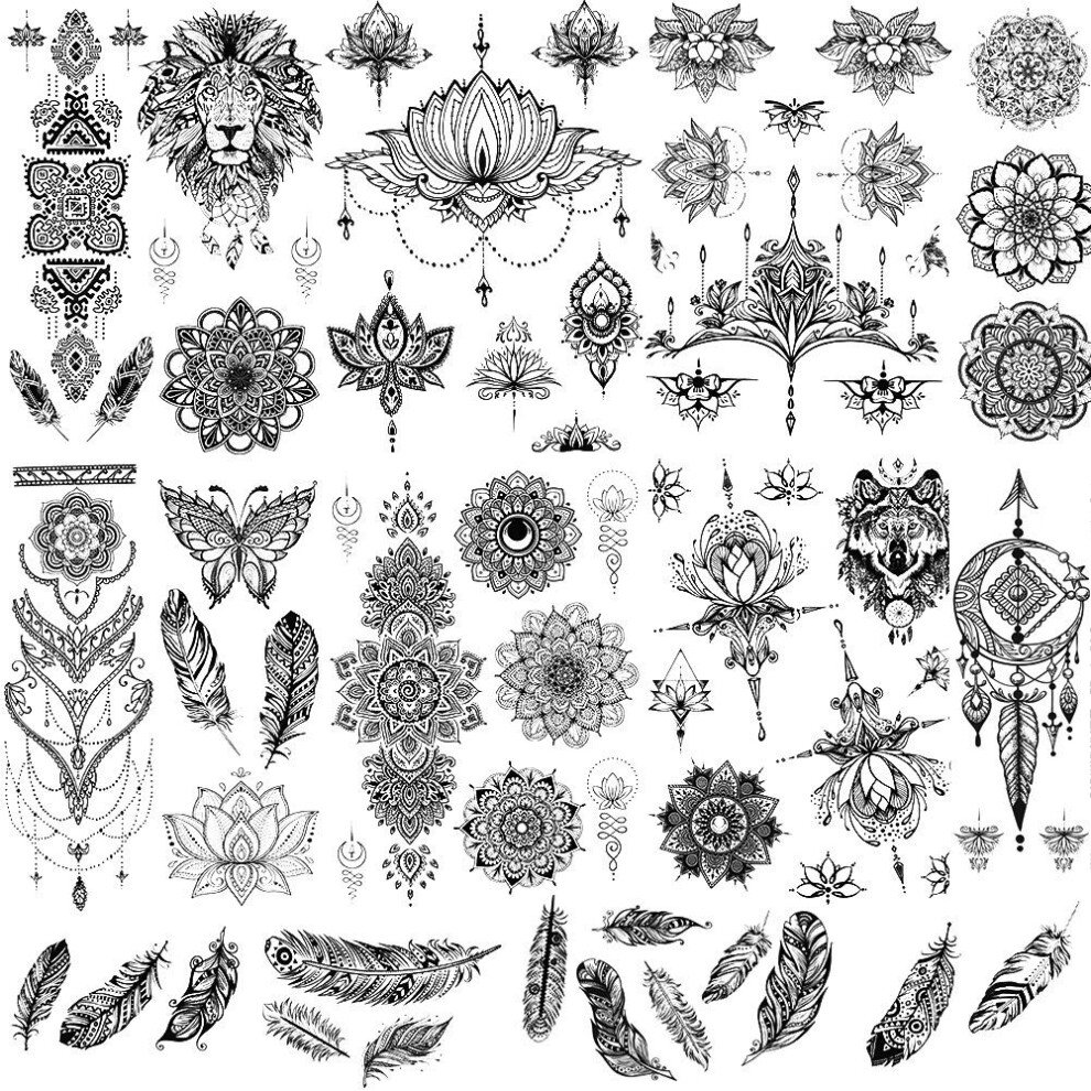 Rainday 8 Sheets Black Temporary Tattoo Stickers Art Stickes For Adults Women Girls Lace Feather Mandala Flower Lion Large Big Arm Tattoo Stickers