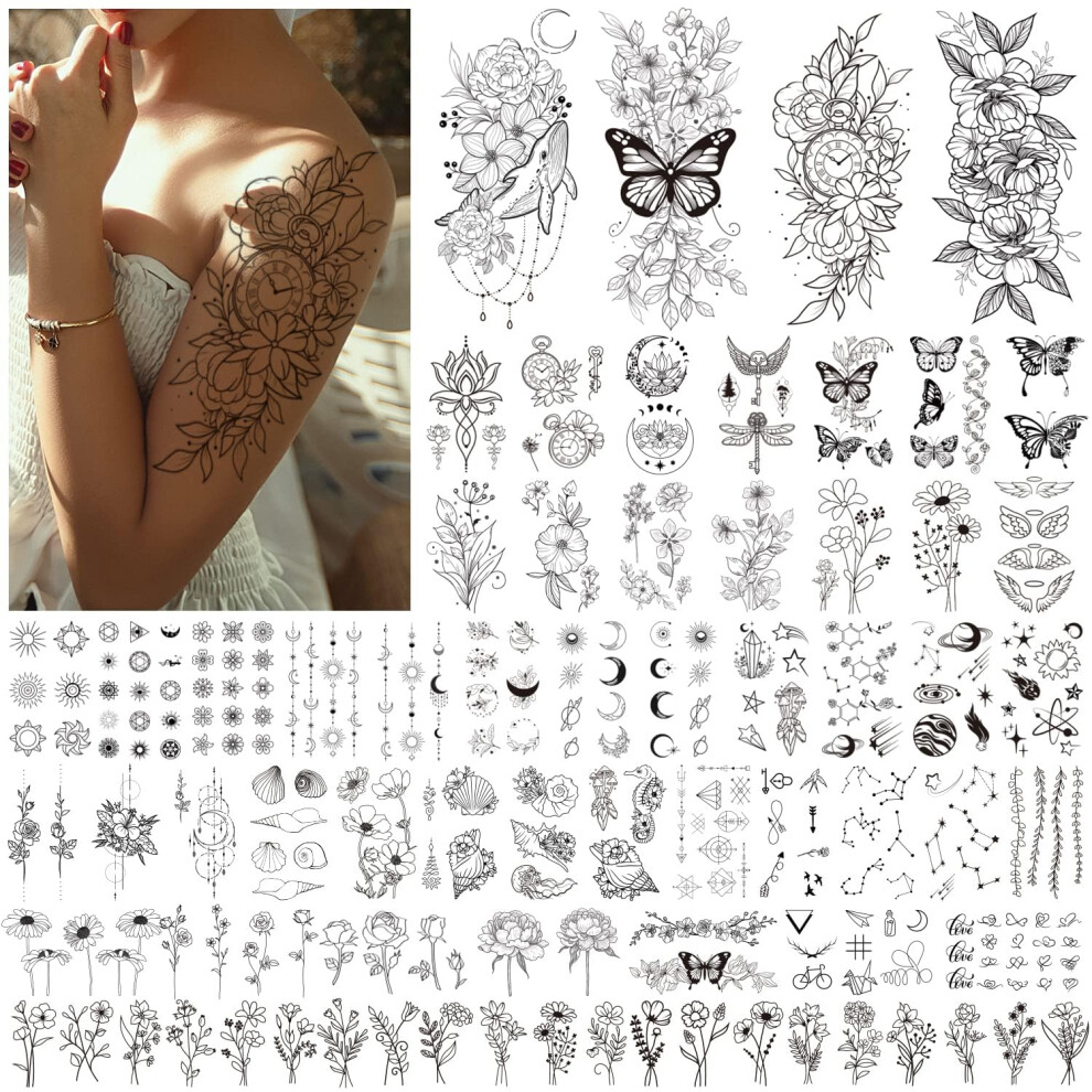 Acevegue 61 Sheets Temporary Tattoos For Women Girls - Black Flowers Wild Plant Butterfly Fake Tattoos For Adults