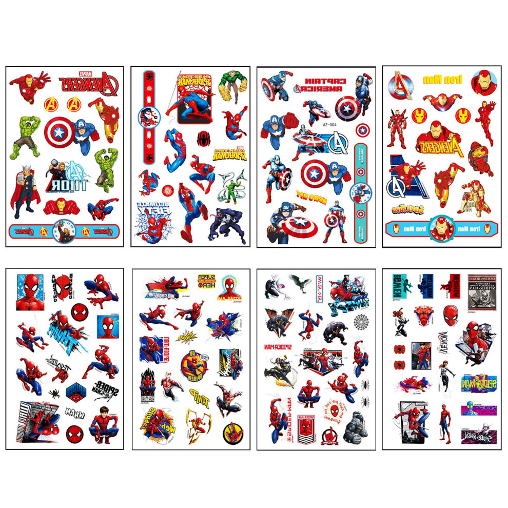Yaavaaw 8 Sheet Spider Tattoos For Kids, Super Hero Avengers Temporary Stickers For Boys, Fake Spider Stickers For Children's Stick-On Superhero Theme