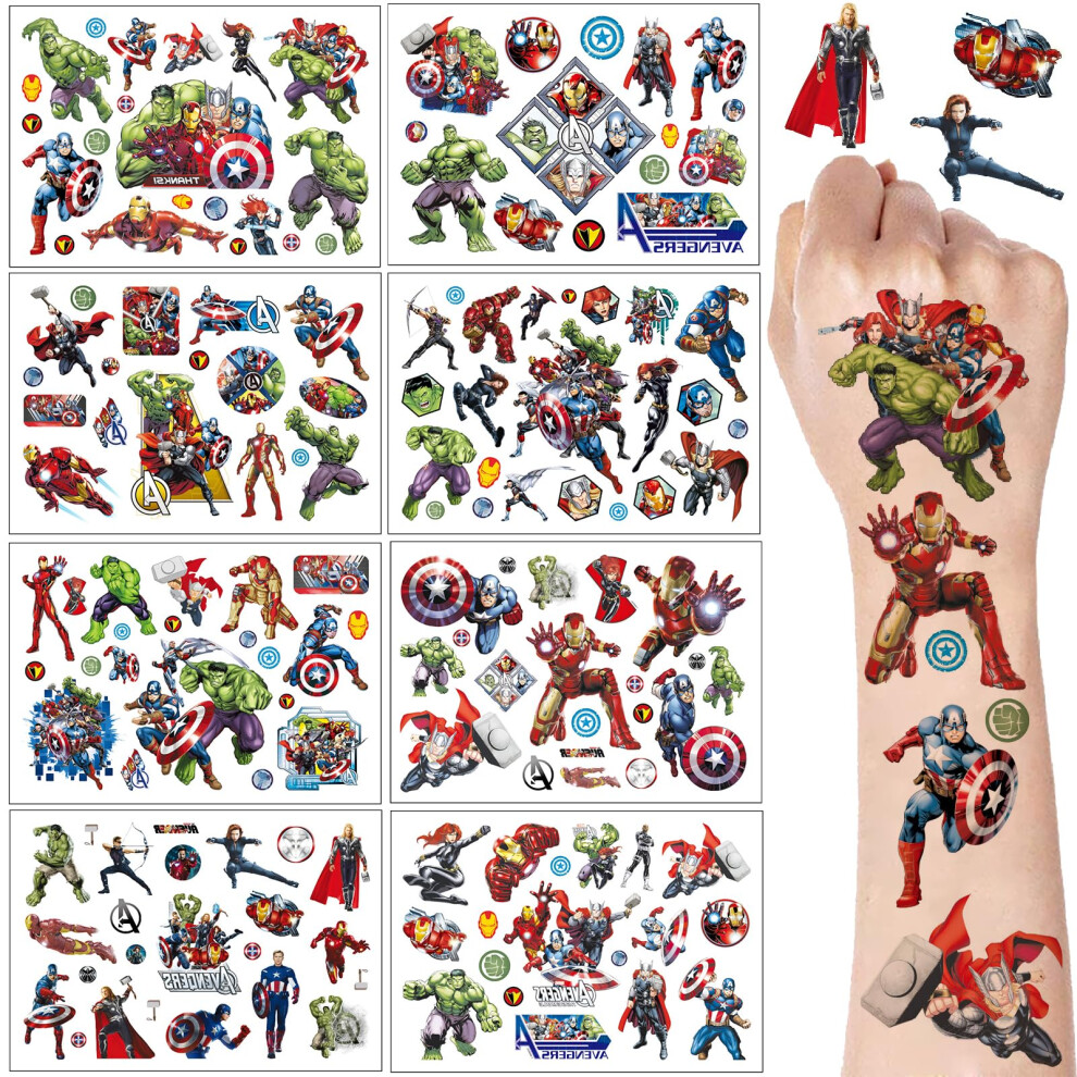 Deen Kids Tattoos Set 8 Sheets,Avenger Superhero Temporary Tattoos For Kids,Waterproof Childrens Cartoon Marvel Fake Tattoo For Children's Birthday Party