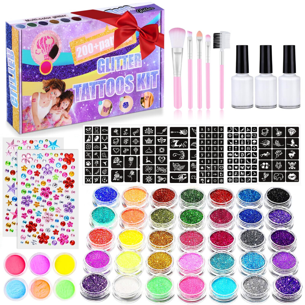 Yueonewin Glitter Tattoos For Kids, Girls Temporary Tattoo Kit, 41 Colours Glitter 215 Rhinestones 204 Stencils 3 Glue 5 Brushes Waterproof Tattoos