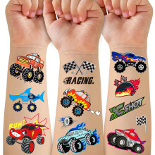 75 PCS Truck Temporary Tattoo for Kids, Groovy Metallic Styles Tattoos for Truck Birthday Party Supplies -Racing Car Checkered Flag Trophy Flames