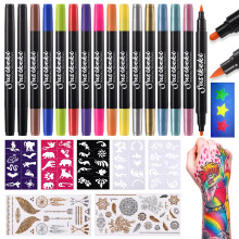 Temporary Tattoo Markers for Skin,15PCS Dual-Ended Tattoo Pen + 50 Paint Stencils + 43 Tattoos Stickers,Glitter & Matte & Neon Glow Body Marker Set