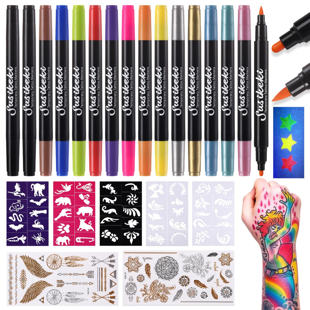 Susikeki Temporary Tattoo Markers For Skin,15Pcs Dual-Ended Tattoo Pen + 50 Paint Stencils + 43 Tattoos Stickers,Glitter & Matte & Neon Glow Body Marker Set