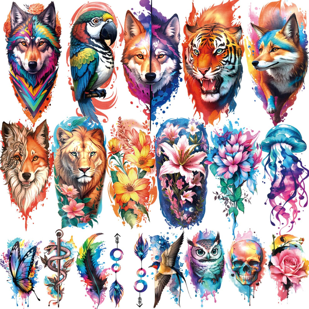 Basifa 77 Sheets Temporary Tattoo, 17 Sheets Half Arm Flower Lion Tiger Cat Owl Parrot Fake Tattoos For Adults Shoulder Neck
