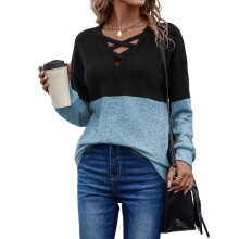 Women's Striped Long Sleeve V Neck Color Block Casual-Blue L