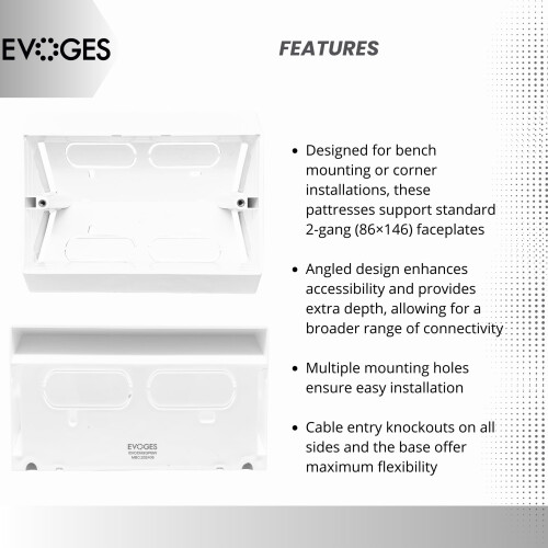 Evoges 45 Degree Angled Surface Mount Pattress Electrical Back Box, White, for Work Bench (2 Gang Double) 2