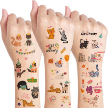 Qpout Cat Temporary Tattoos for Kids,10 Sheets Cute Cat Birthday Party Waterproof Fake Tattoos,Boys Girls Cat Themed Party Decoration Favors Supplies