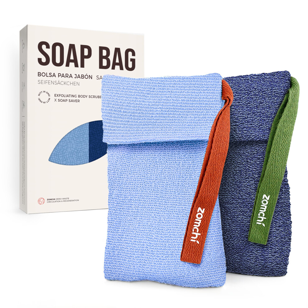 Zomchi Blue 2-Piece Soap Bags With Different Roughness, Exfoliating Soap Saver Bags For Body Wash (Blue)