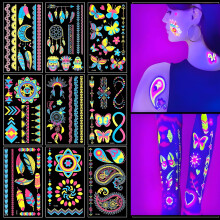 9PCS Neon Temporary Tattoos, 200+ Multiple Unique Designs Glow in the Dark Temporary Tattoos for Women,UV Neon Waterproof Fake Tattoo Stickers Rave