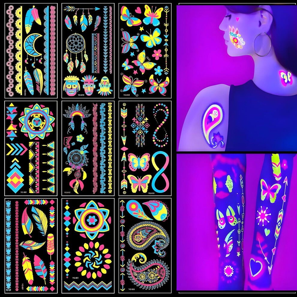 Goedeke Dark 9Pcs Neon Temporary Tattoos, 200+ Multiple Unique Designs Glow In The Temporary Tattoos For Women,Uv Neon Waterproof Fake Tattoo Stickers Rave