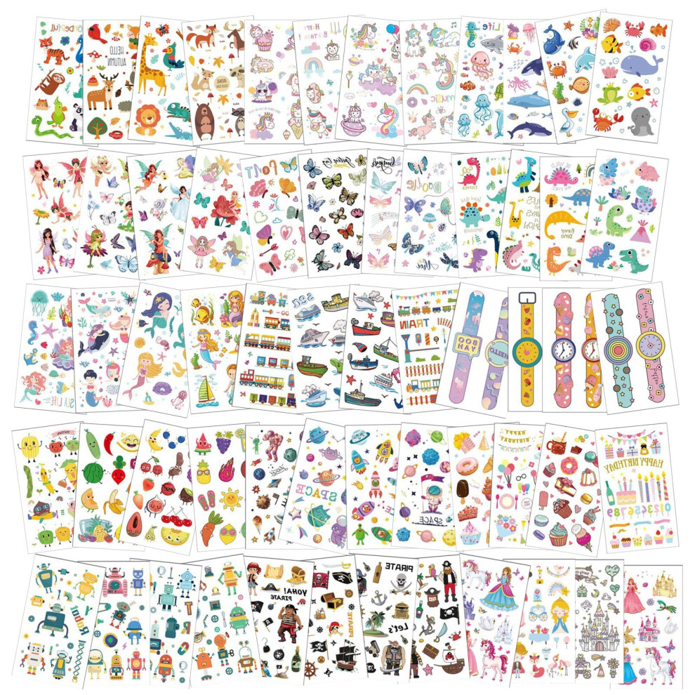 Aoowu Temporary Tattoo For Kids, 60 Sheets Mermaid Unicorn Princess Animal Astronaut Cartoon Tattoo Stickers
