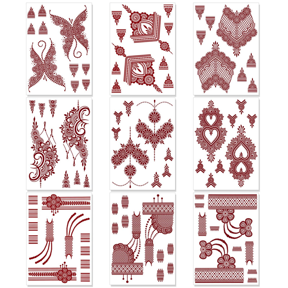Howaf 9 Sheets Brown Red Temporary Tattoos For Women, Waterproof Indian Mandala Lace Flower Temporary Tattoos Paper Festival Tattoo Stickers Fake