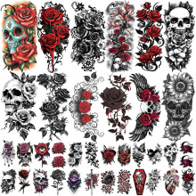 77 Sheets Flowers Skeleton Skull Temporary Tattoo for Women Men, 17 Half Arm Dark Gothic Punk Rocker Butterfly Fake Tattoos