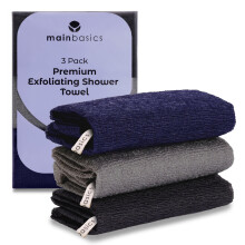 MainBasics Exfoliating Shower Towel - Japanese Nylon Bath Towel and Body Washcloth, Quick-Dry, Durable, Medium Exfoliation (Set of 3, Black Ice)