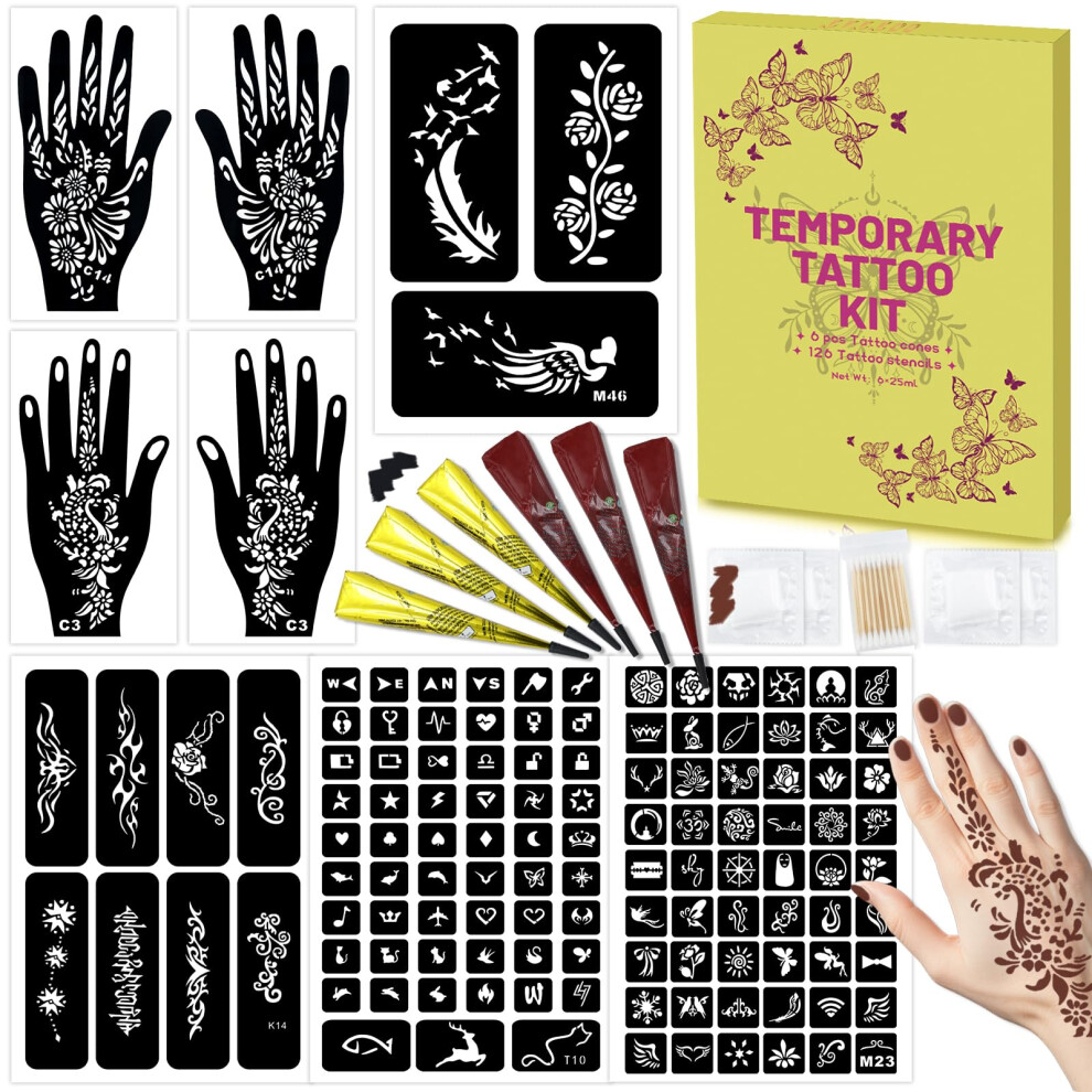 Museluxe 126 Pcs Temporary Tattoos Stencils Kit,Temporary Tattoos Kit - 6 Pcs Tattoo Cones 2 Color