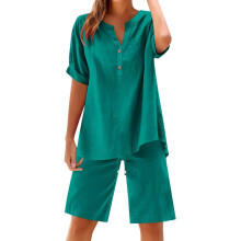 Women's linen two-piece set: button-down short-sleeved-Green L