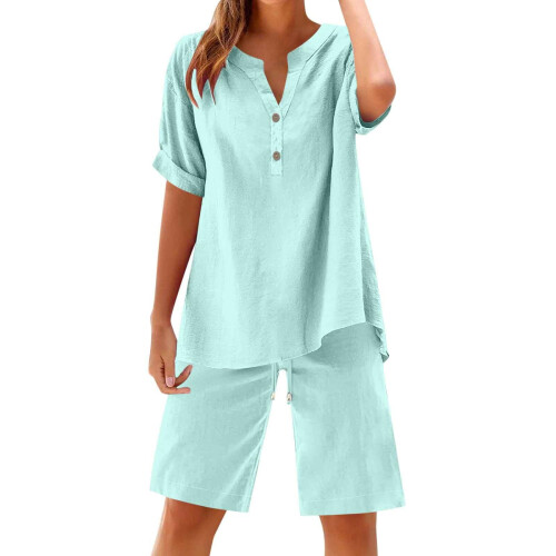 Women's linen two-piece set: button-down-Turquoise XL