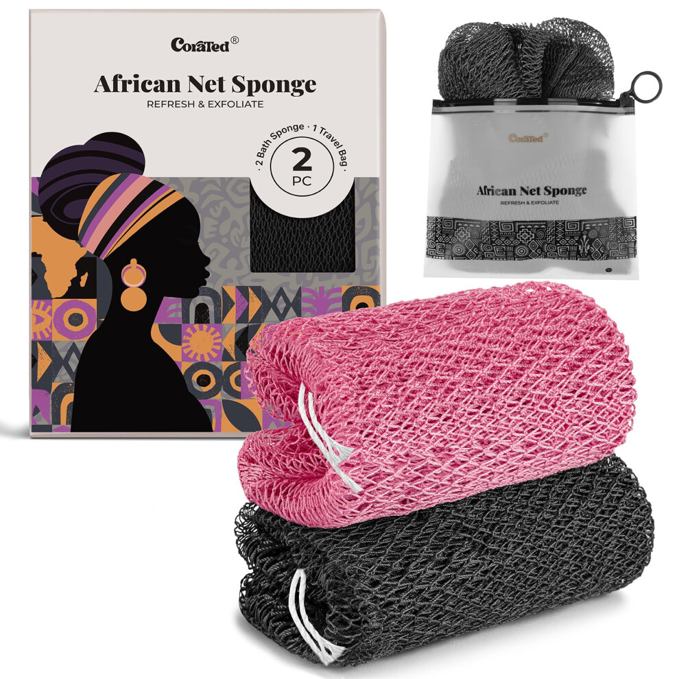 Corated Black 2Pcs African Exfoliating Net Sponge - Bath & Shower Net Sponges, Scrubbing Net Body, Beauty Skin Cleaning For Shower Spa Massage
