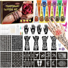 217 PCS Temporary Tattoo Stencil Kit with 12 Tattoo Cones in 9 Colors,16 Sheet Designed Tattoos Pattern Templates for Kids Adults