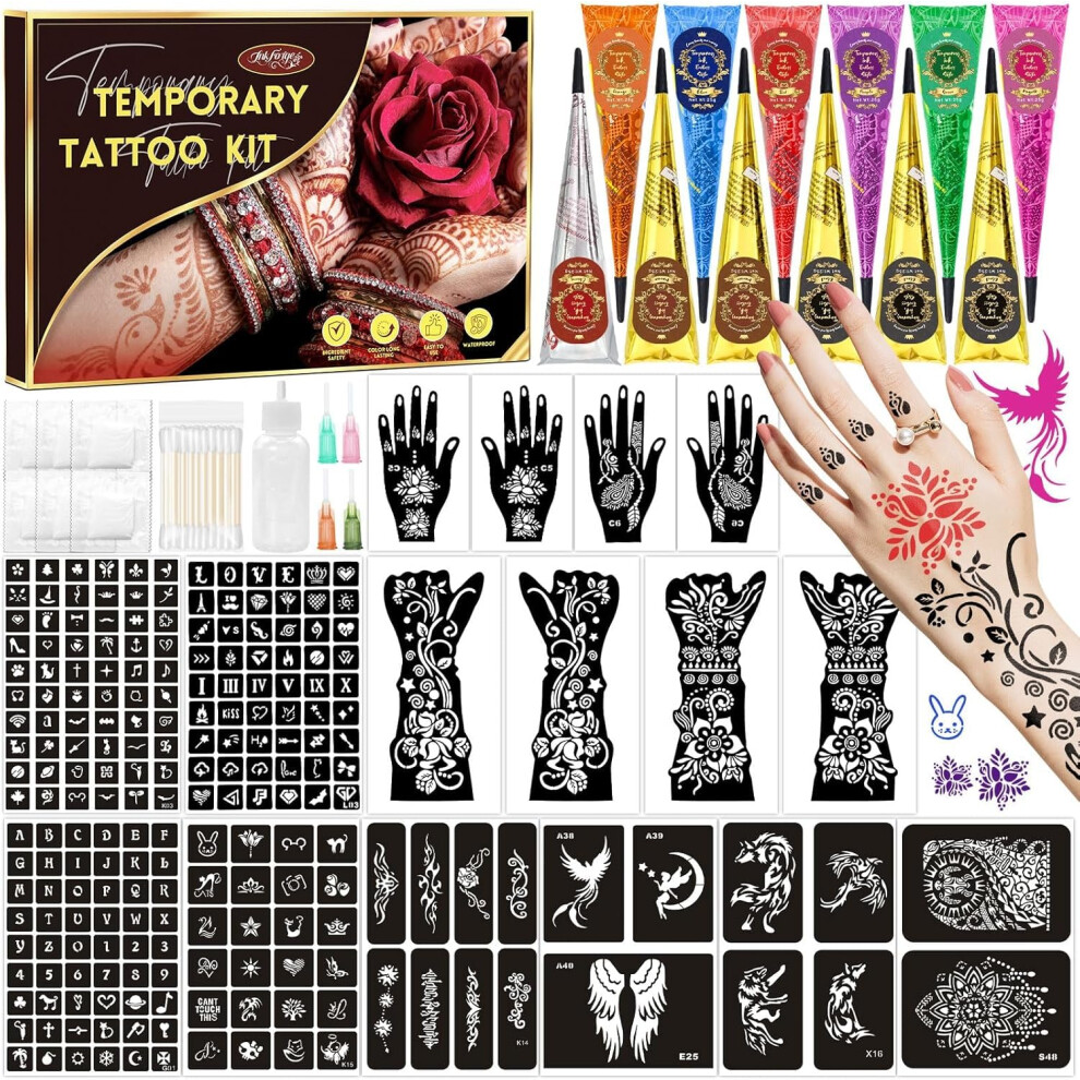 Inkforge 217 Pcs Temporary Tattoo Stencil Kit With 12 Tattoo Cones In 9 Colors,16 Sheet Designed Tattoos Pattern Templates For Kids Adults