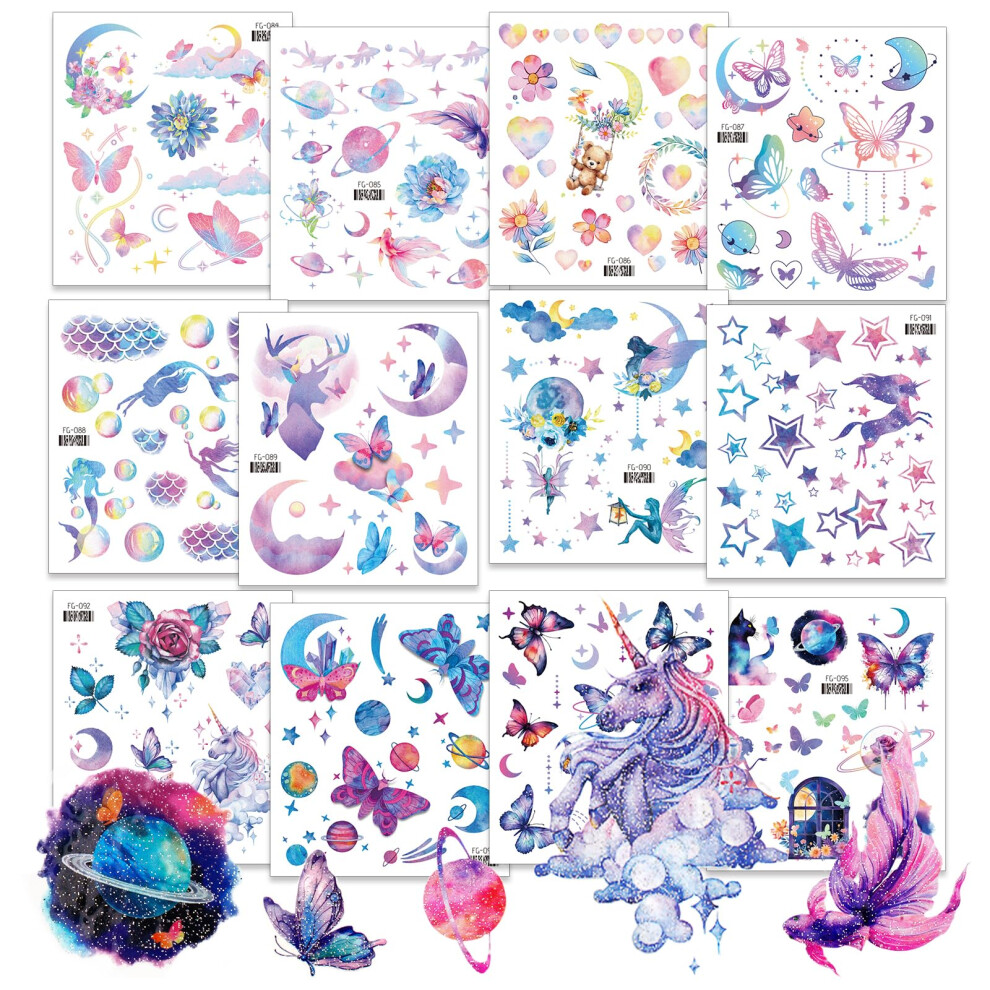 Weysoo Glitter Temporary Tattoos For Kids Adults, 12 Sheets Butterfly, Star & Floral Girls Glitter Tattoos