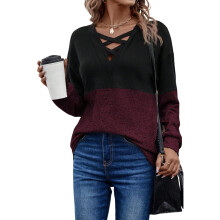 Women's Striped Long Sleeve V Neck Color Block Casual-Red XXL