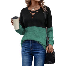 Women's Striped Long Sleeve V Neck Color Block Casual-Green XL