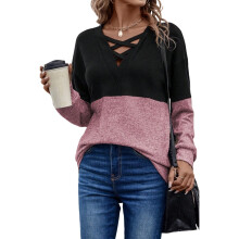 Women's Striped Long Sleeve V Neck Color Block Casual-Pink S