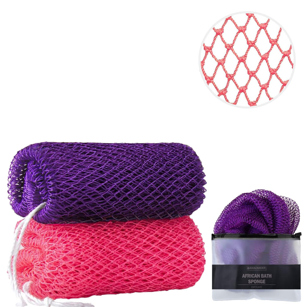 Xianzander 2 Pieces Authentic African Net Sponge - African Bath Sponges With Knots - Exfoliating Scrubber For All Skin Types