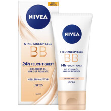 NIVEA BB 5 in 1 Day Cream 24h Moisture (50 ml), BB Cream for Light Skin Types with SPF 20, Tinted Day Cream with Organic Jojoba Oil & Makeup Pigments