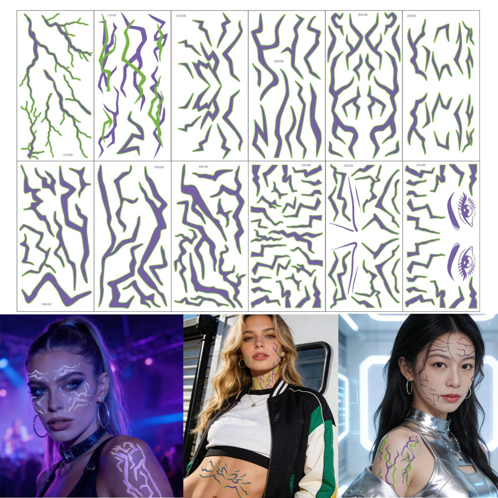 Xmasir Purple Kpop Temporary Tattoos Kit, 12 Sheets Glowing Hunters Stickers Demon Cosplay Lightning Uv Neon Fake Face Tattoos For Rave Costume