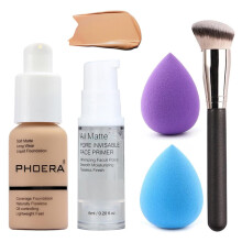 HQDA 5PCS Matte Liquid Full Coverage Foundation Set with Face Primer, Foundation Brush, Makeup Sponge - Unisex, All Skin Tones, All Skin Types