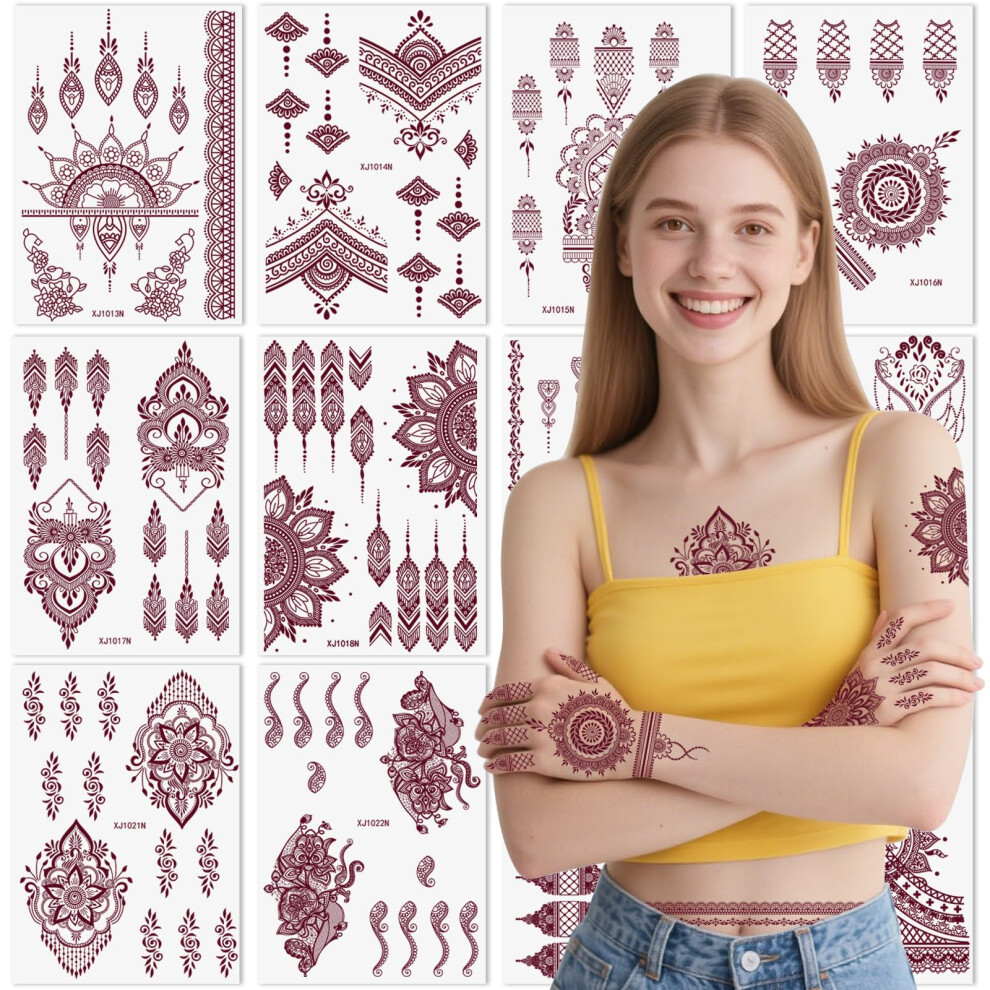 Xmasir 12 Sheets Brown Tattoos Sticker For Women Girls, Waterproof Fake Tattoo Temporary Tattoo Kits