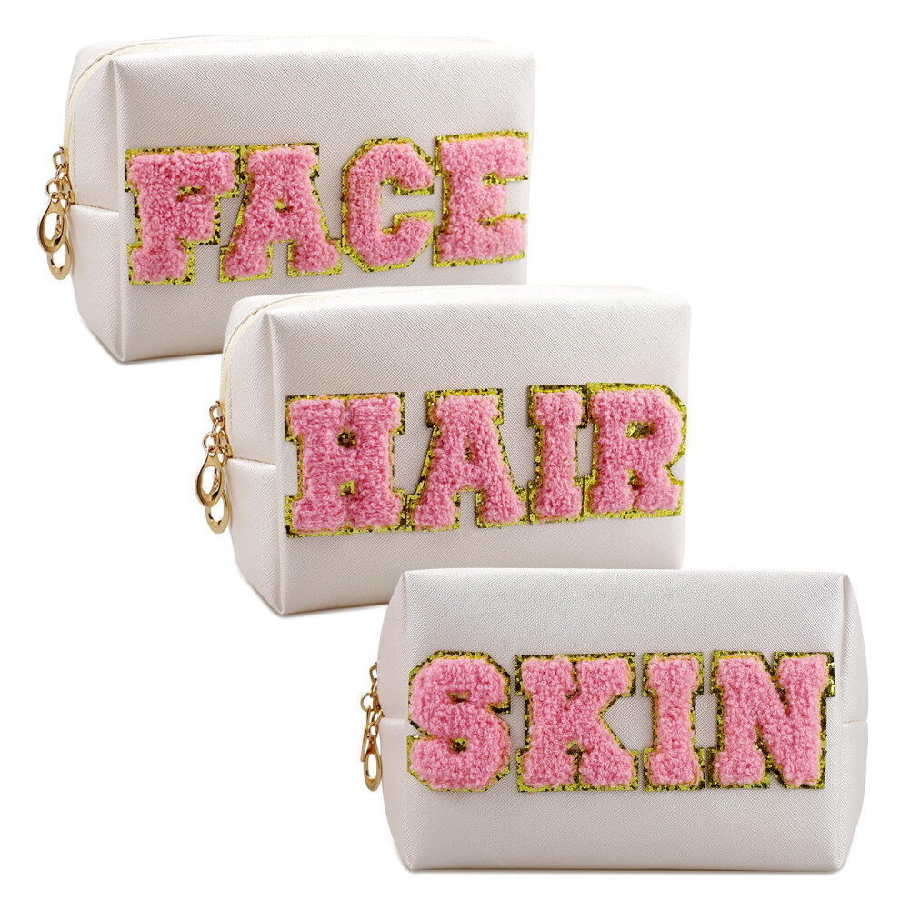 Lorigun Chenille Letter Patch Makeup Bag, Preppy Cosmetic Bag Pu Leather Skincare Bag With Zipper