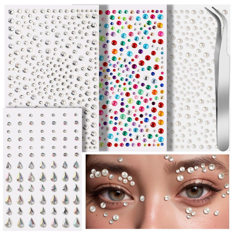 Teenitor Face Gems Self Adhesive Face Rhinestones For Makeup Festival Face Jewels, Stick On Pearls Hair Gems, Pearl Rhinestones Stickers For Face