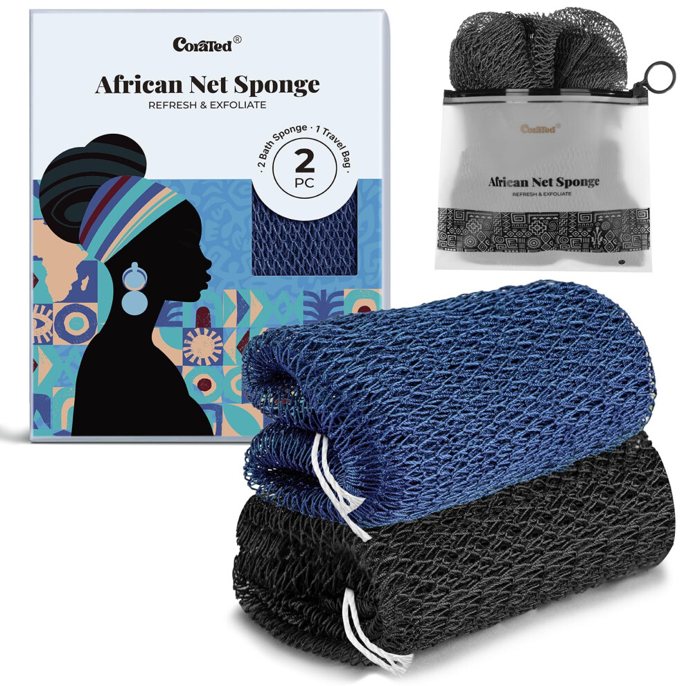 Corated Blue 2Pcs African Exfoliating Net Sponge - Bath & Shower Net Sponges, Scrubbing Net Body, Beauty Skin Cleaning For Shower Spa Massage