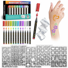 Temporary Tattoo Markers for Kids and Adults, 12 Metallic Markers and 155 Tattoo Stencil Designs