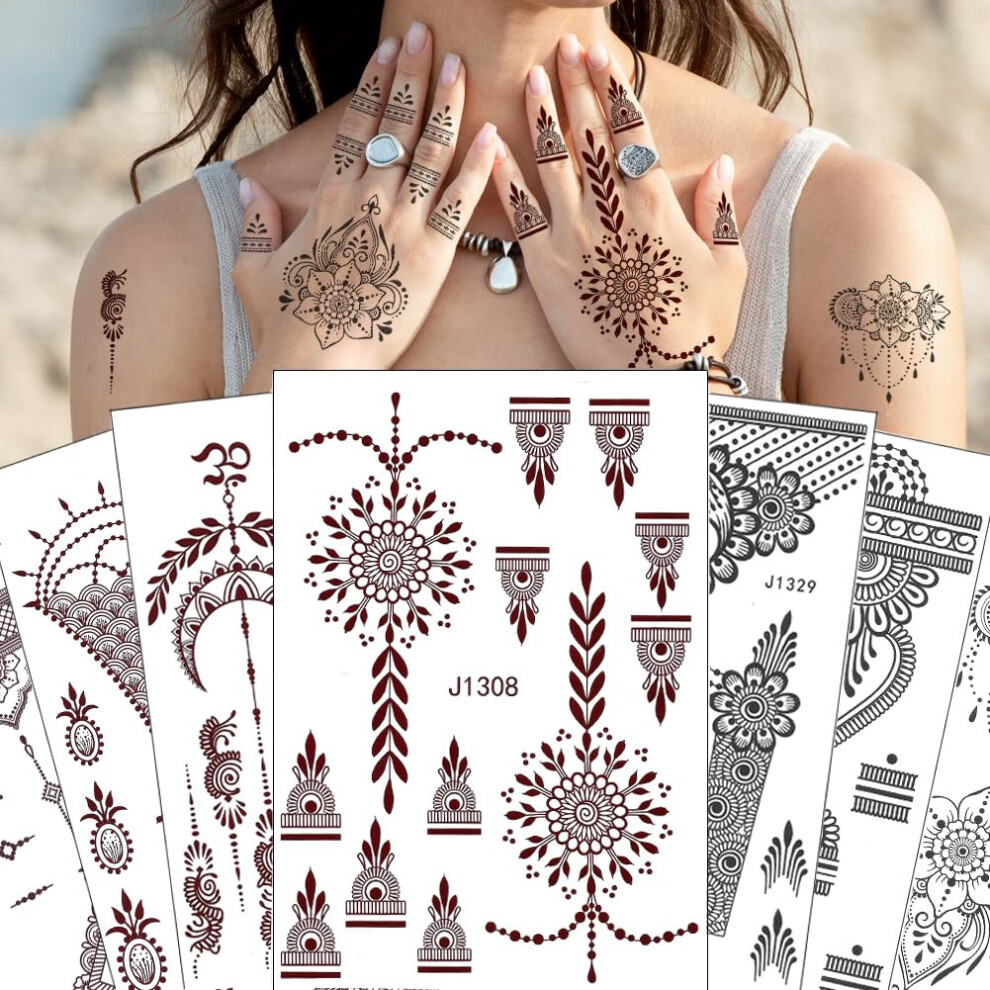Xmasir 12 Sheets Black Brown Temporary Tattoo Sticker For Women Girls, Waterproof Fake Tattoos Kit Indian Mandala Flower Tattoo Stencils For Wedding
