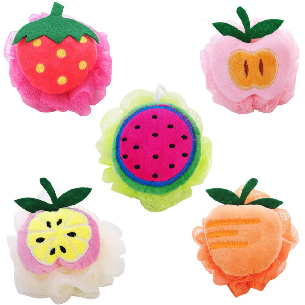 Kaxich 5Pcs Bath Puff Soft Bath Sponge Shower Ball Bath Loofah Fruit Shape Mesh Pouf Exfoliation Body Puffs Exfoliate Pouf