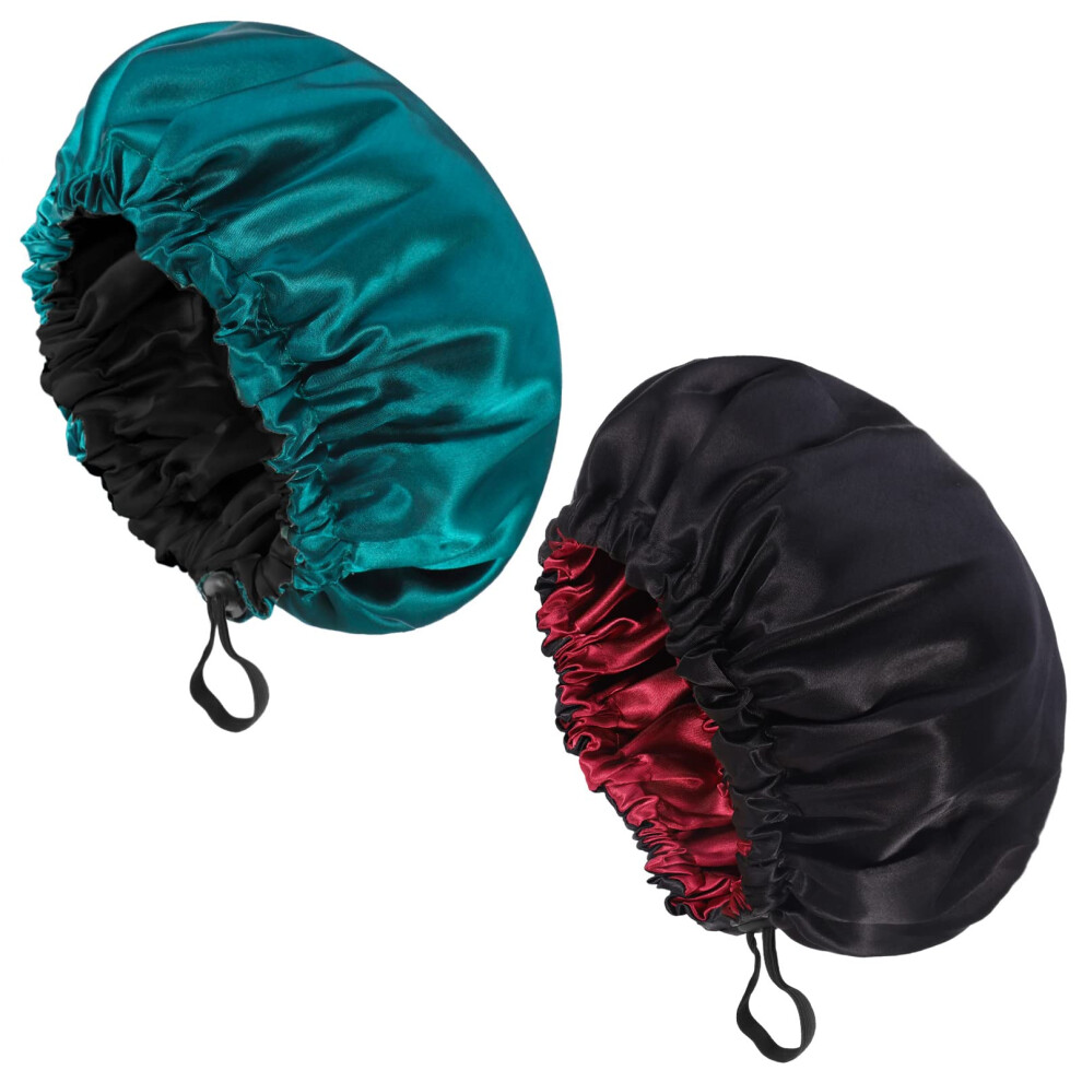 Fuyamp 2 Packs Satin Sleep Cap,Adjustable Silky Sleep Bonnet For Women Long Curly Hair,Double-Sided Waterproof Satin Hair Cap Extra Large Sleep Satin