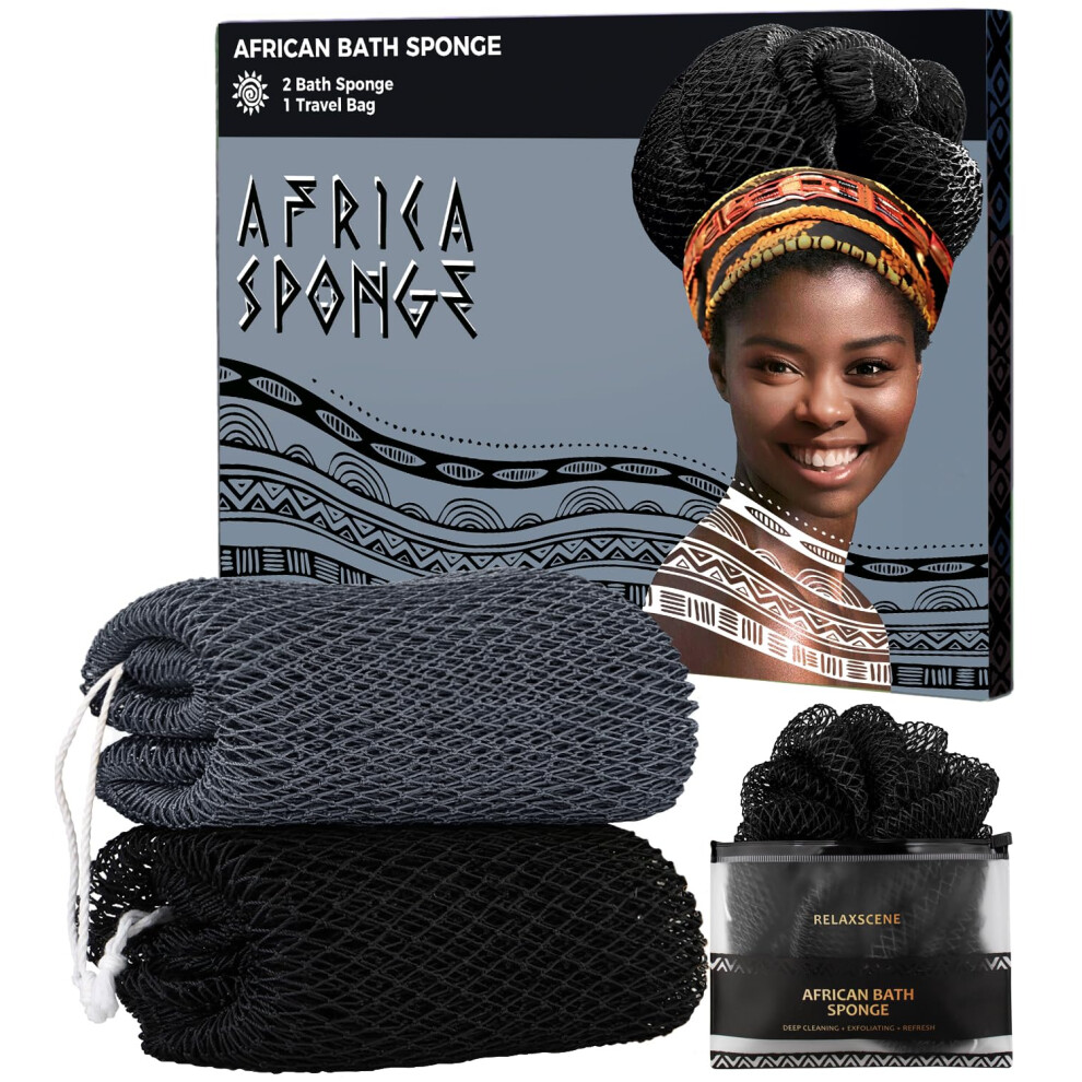 Relaxscene Black African Exfoliating Net Sponge - 2 Pieces Real African Loofah Shower Sponges - Body Scrubber Exfoliating Washcloth & Slate