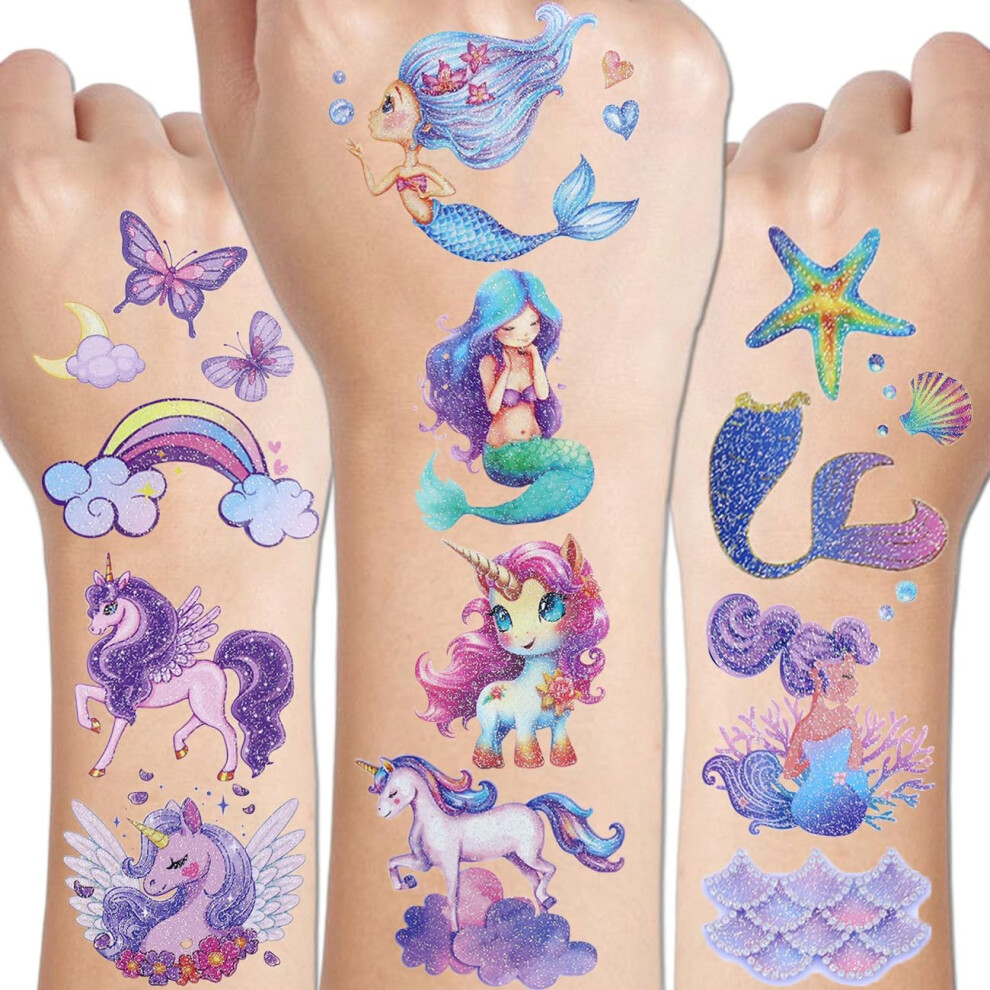 Zycbernoi Glitter Temporary Tattoo For Girls, 12 Sheets Mermaid Unicorn Tattoo Stickers For Kids, Waterproof Fake Tattoos For Birthday Party Favors Supplies